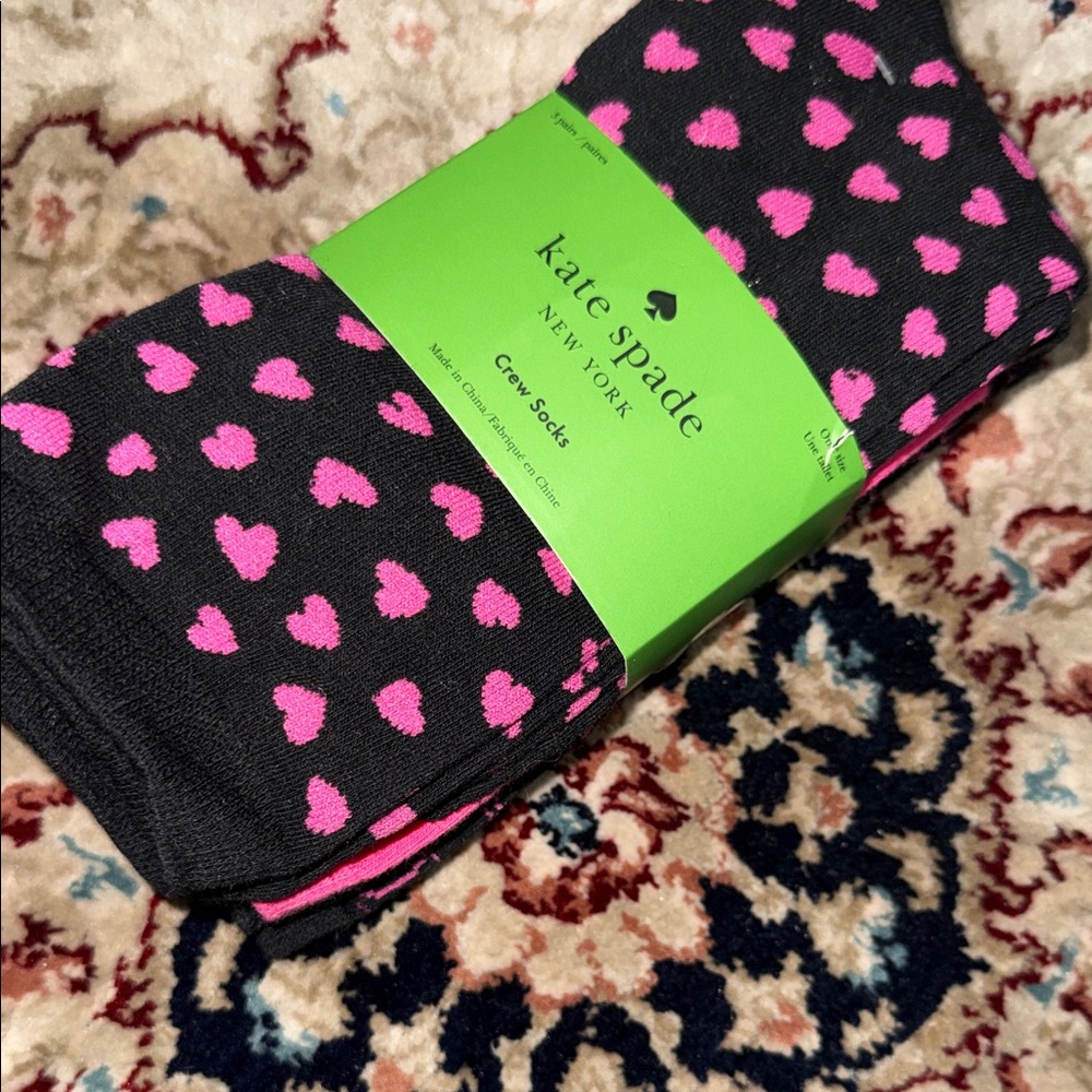 kate spade 3 Black Socks with Pink Heart Design